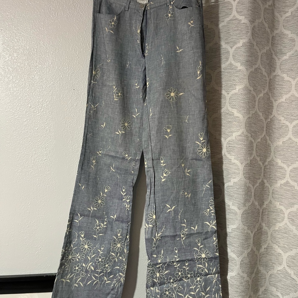 Versace Blue Floral Wide Leg Pants